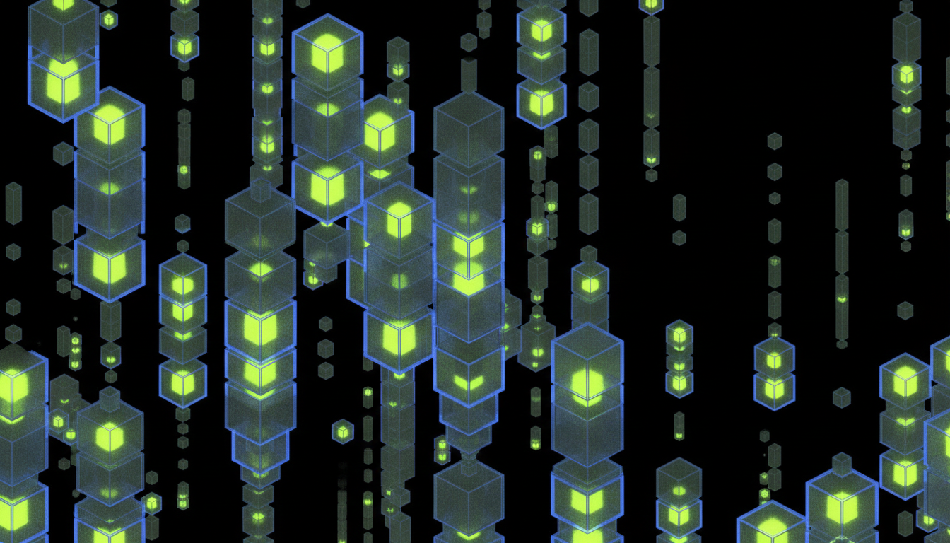Abstract data streams of falling cubic voxel particles
